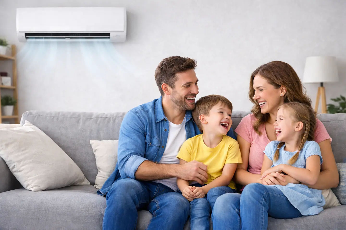 Famiglia felice sotto a un climatizzatore